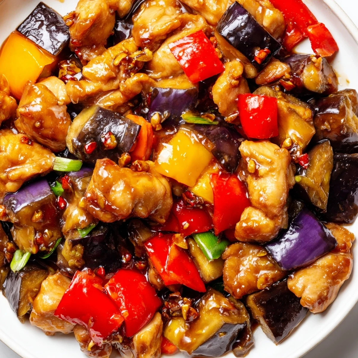 In this overhead shot, Black Vinegar Chicken with Bell Peppers and Eggplant is served over steamed jasmine rice, with chopped scallions and a drizzle of sesame oil glistening on top.