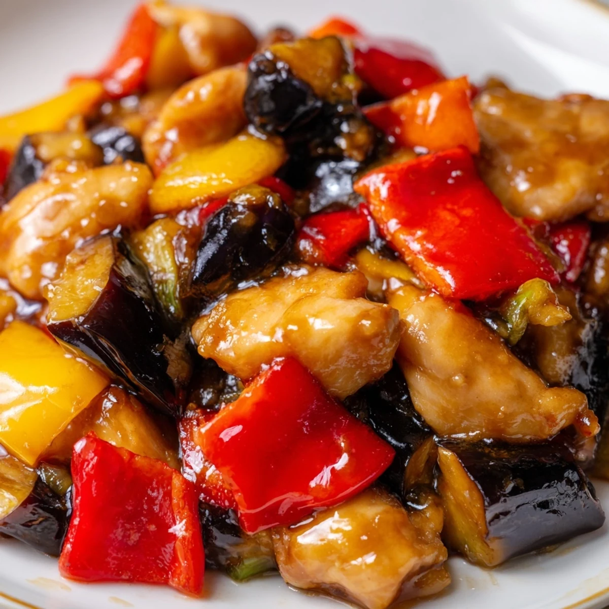 A close-up of Black Vinegar Chicken with Bell Peppers and Eggplant showing glossy sauce over tender chicken, roasted eggplant cubes, and vibrant red and yellow peppers on a white plate.