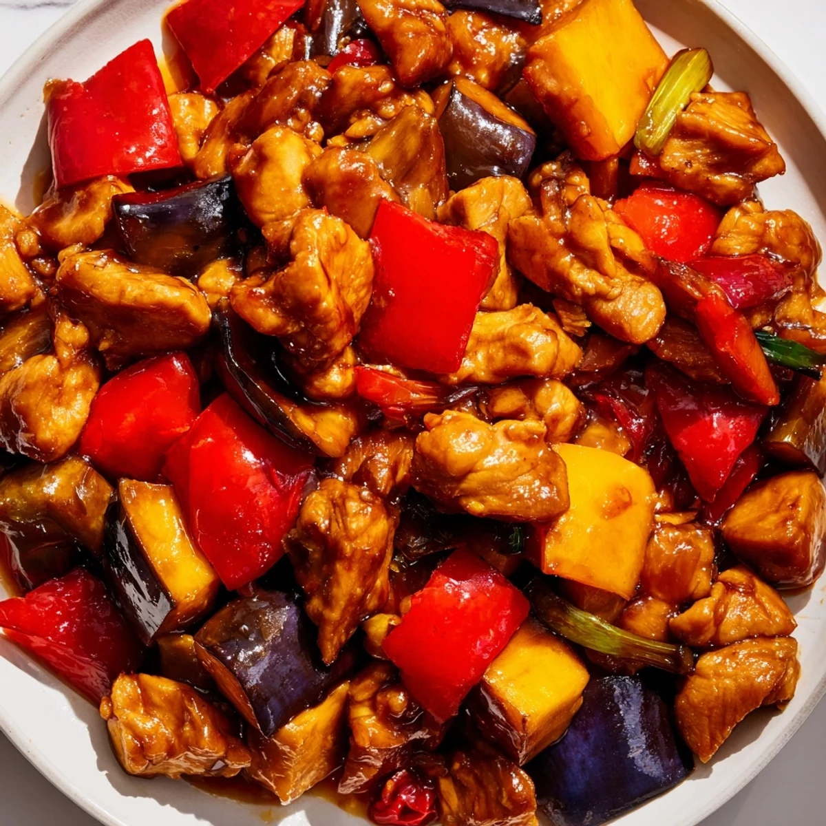A rustic skillet serves Black Vinegar Chicken with Bell Peppers and Eggplant, featuring sizzling golden-brown chicken, silky eggplant, and crisp bell peppers coated in an aromatic black vinegar sauce.