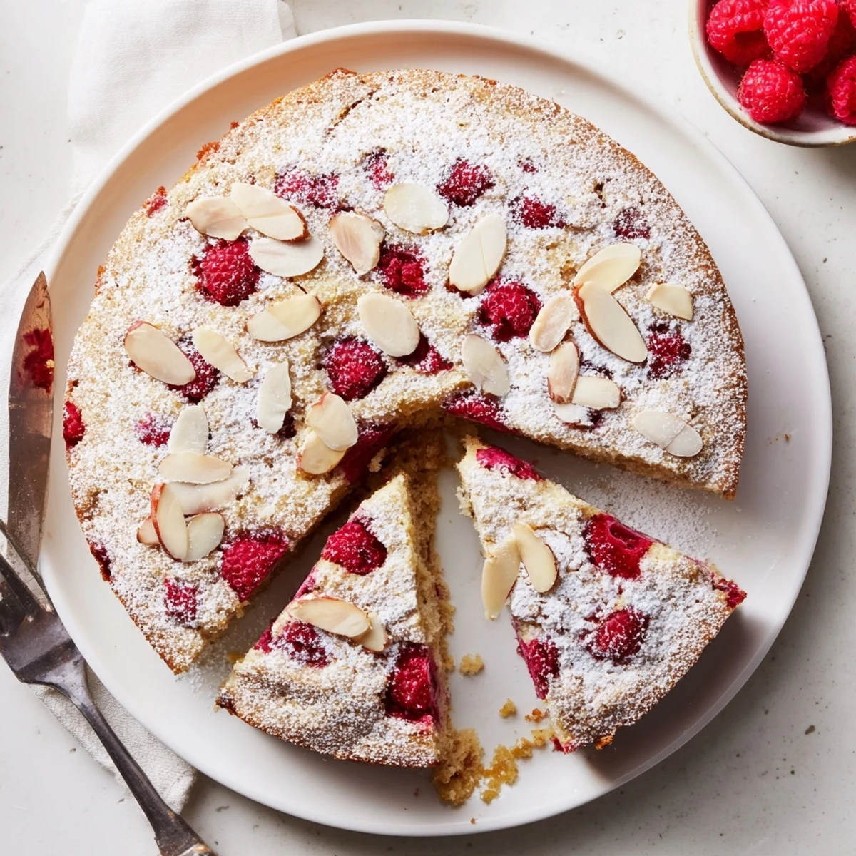 Moist and tender Soft Almond Raspberry Cake with fresh berries on top, ready to serve with tea.