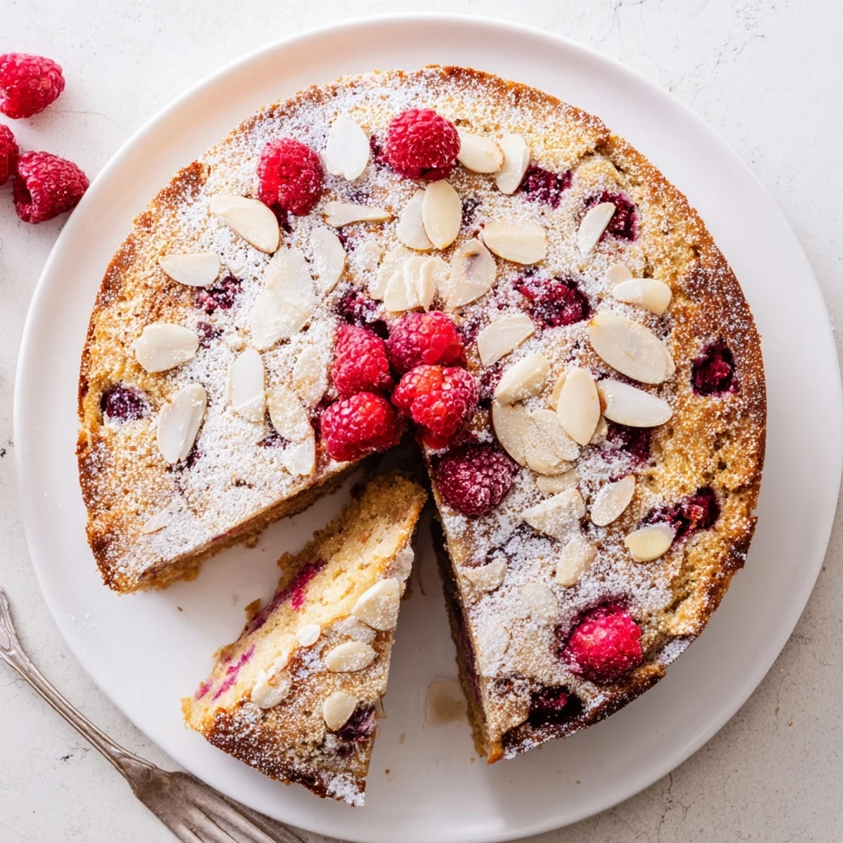 Fresh raspberries baked into Soft Almond Raspberry Cake, dusted with powdered sugar for a sweet finish.