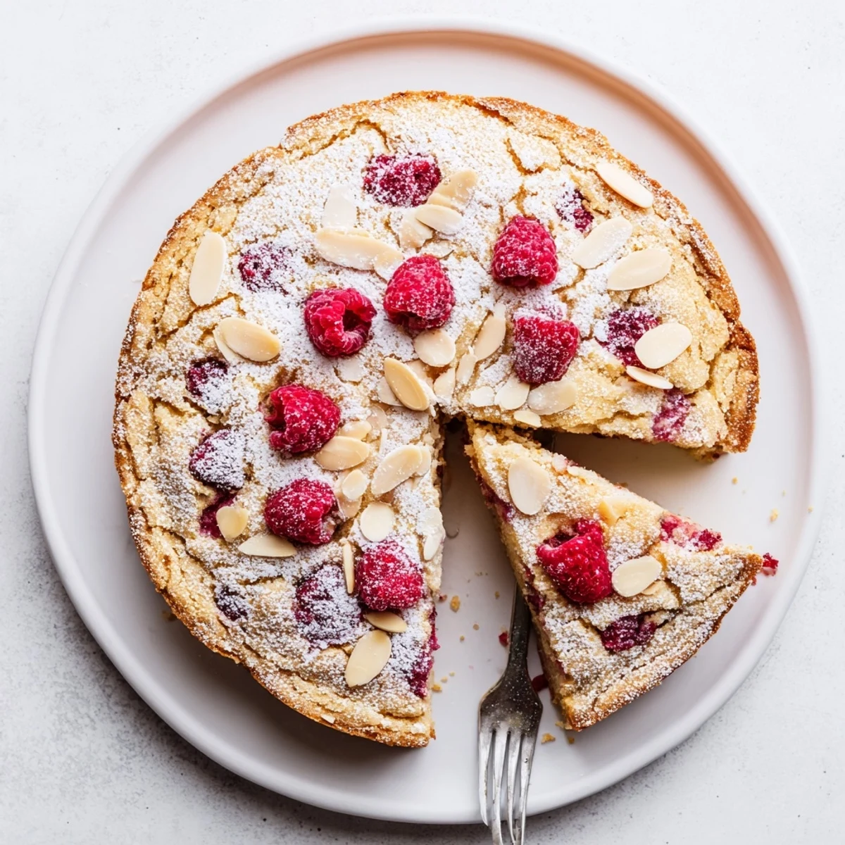 Golden Soft Almond Raspberry Cake on a cooling rack with sliced almonds and berries, easy dessert.