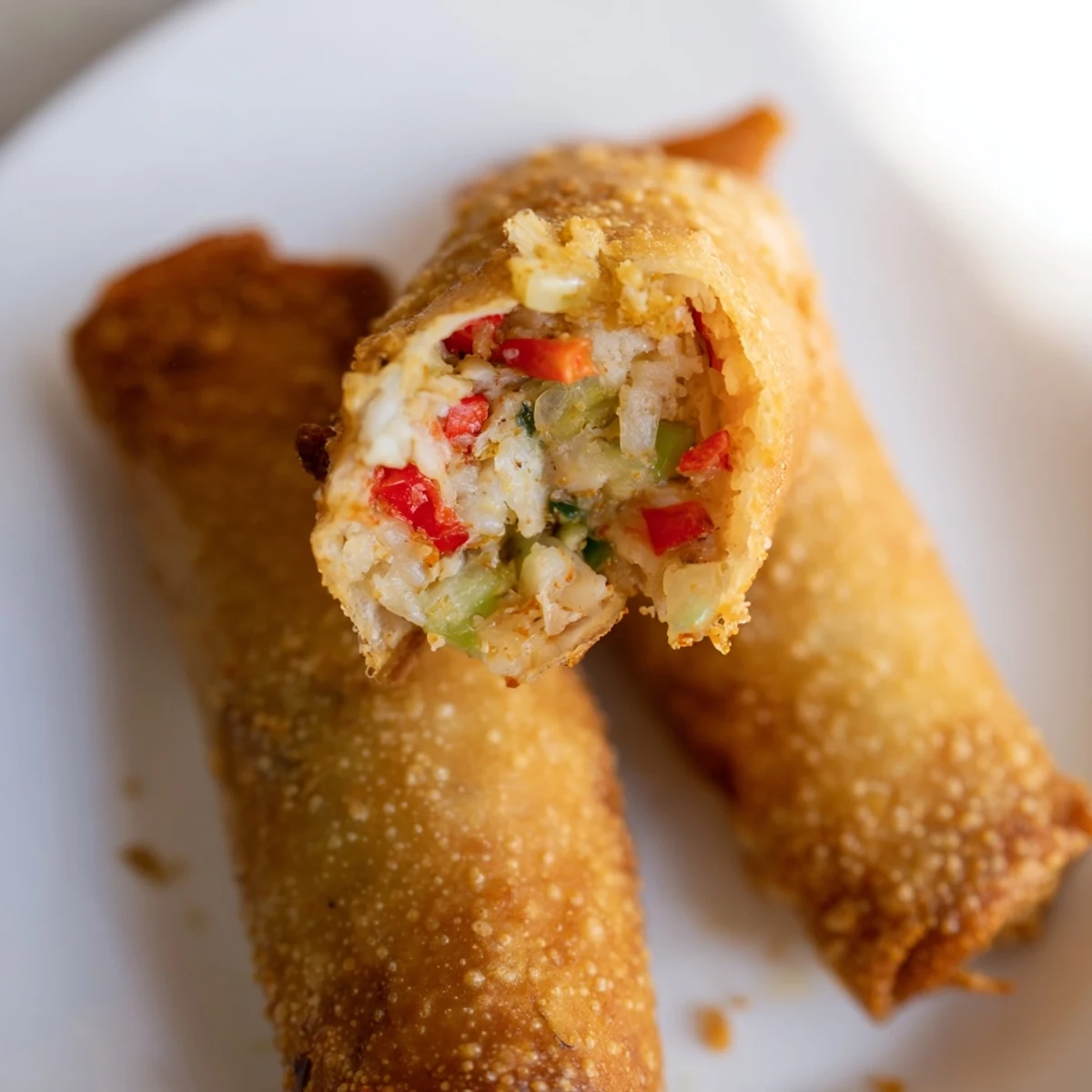 Golden-brown Crab Cake Egg Rolls resting on a white plate with a dipping sauce nearby.  