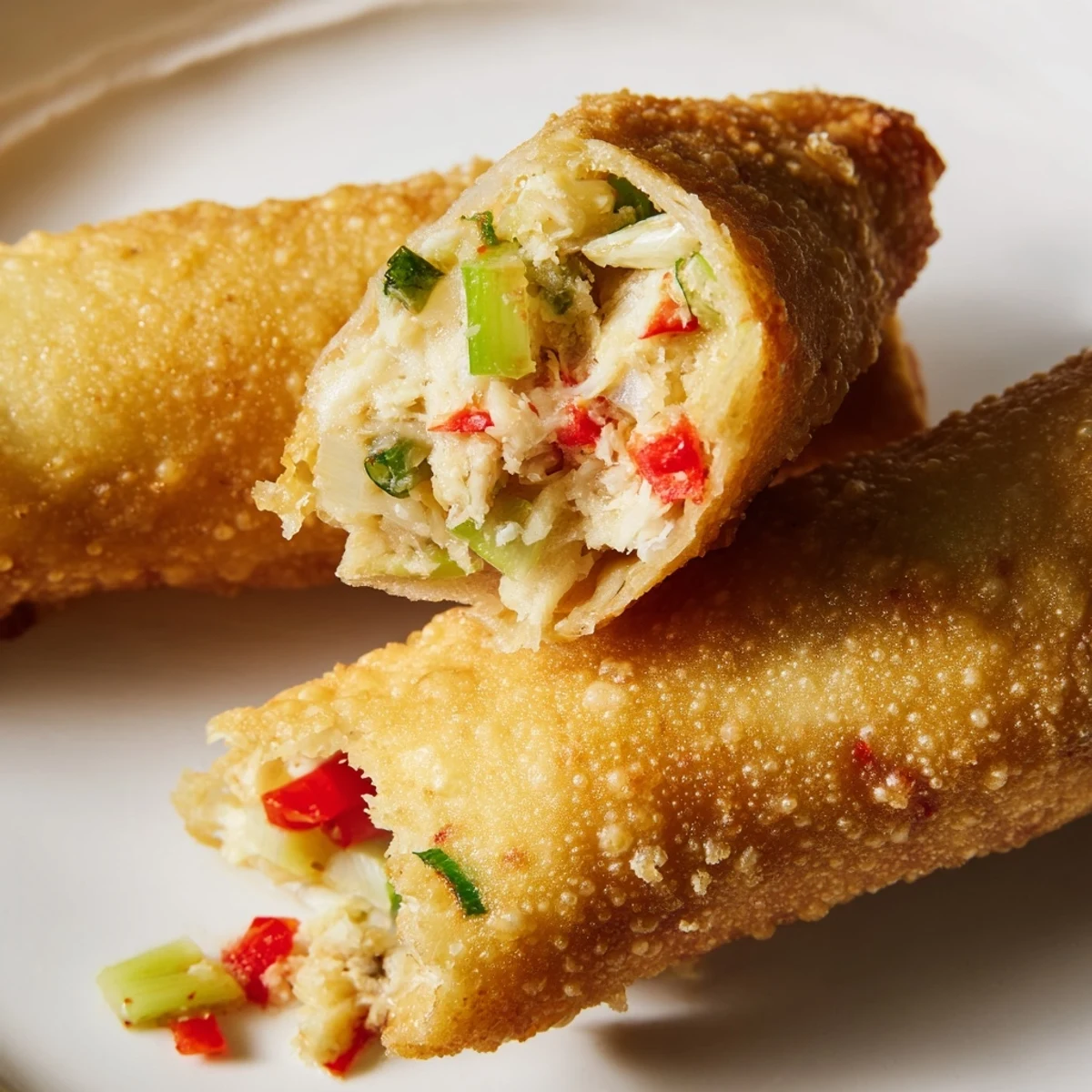 Succulent Crab Cake Egg Rolls stacked on a wooden board next to fresh lemon wedges and herbs.  