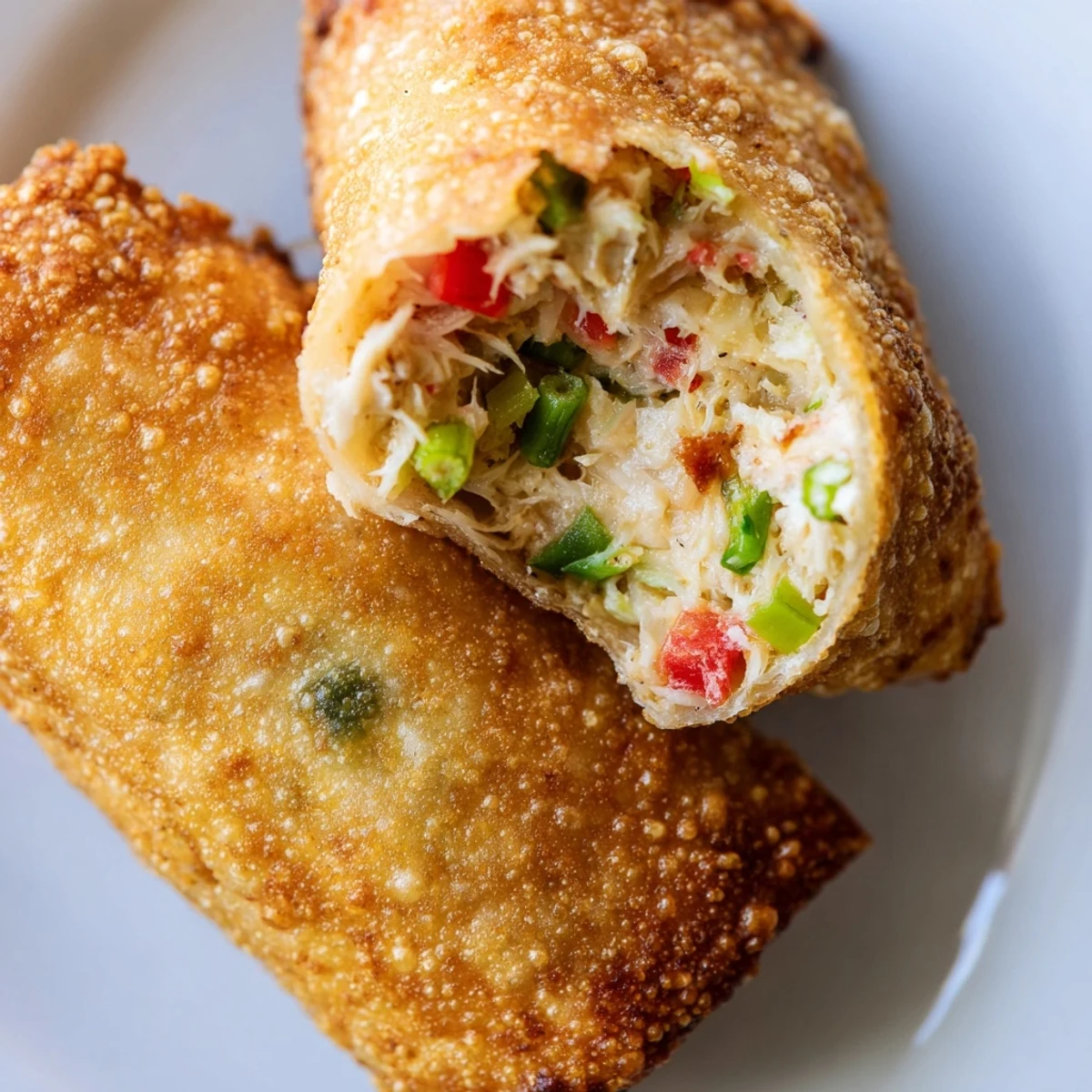 Crisp fried Crab Cake Egg Rolls arranged on a platter with a creamy sauce for dipping.