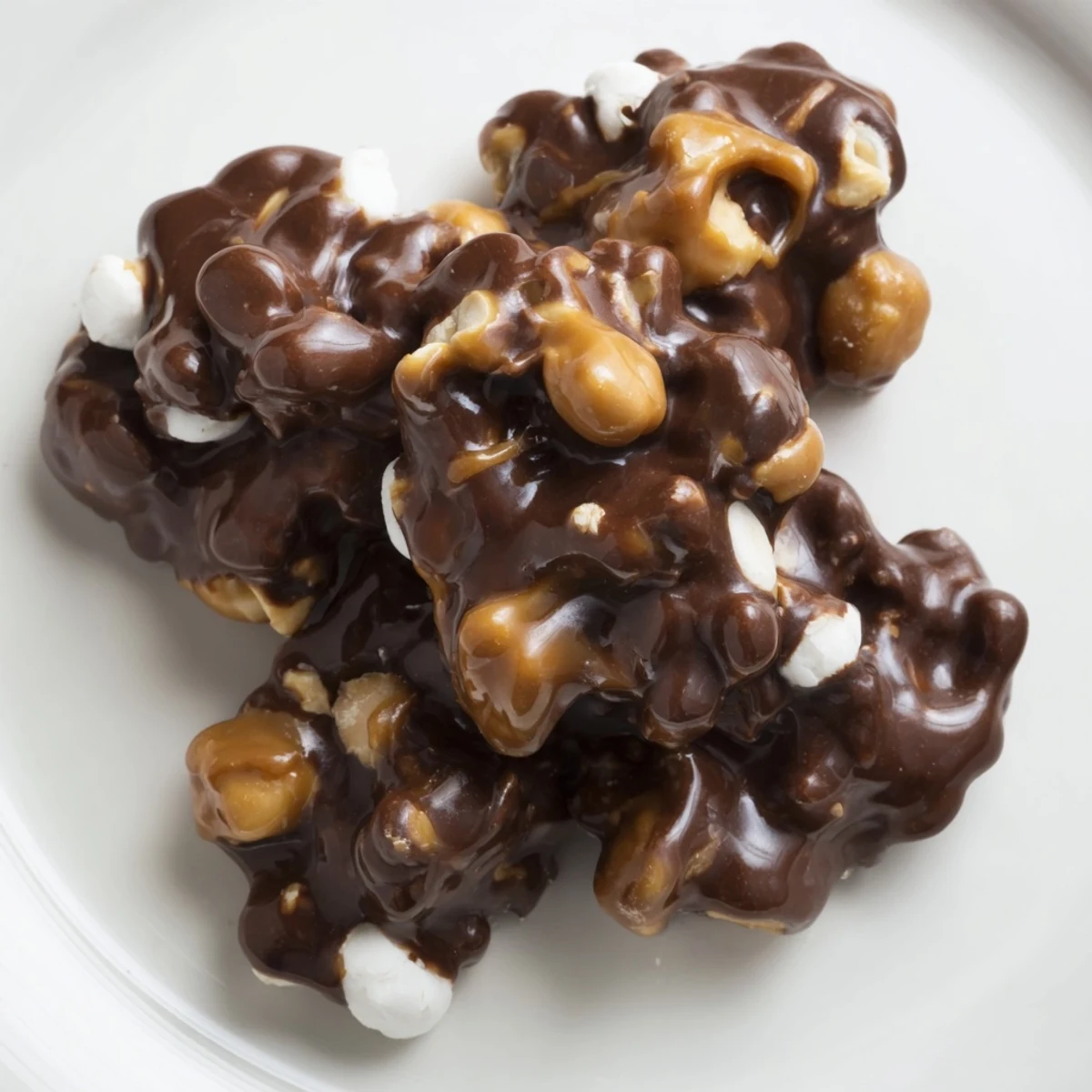 Peanut Marshmallow Clusters glistening with melted chocolate on a baking sheet, topped with sea salt for sweet and salty snacking.