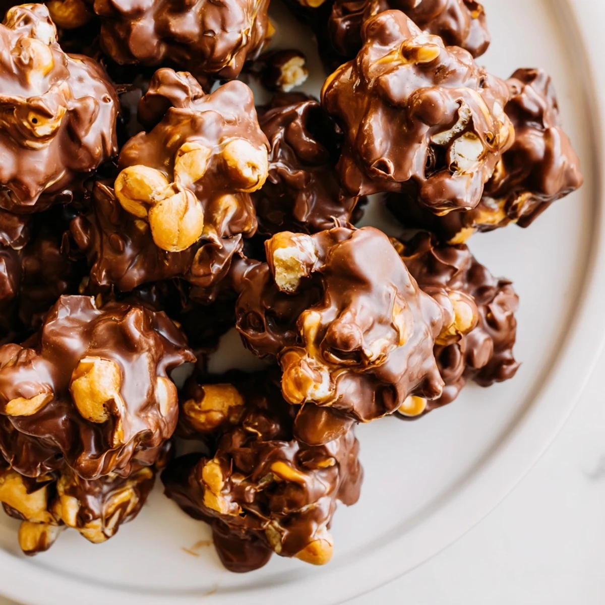 A close-up of Peanut Marshmallow Clusters on parchment paper, with marshmallows peeking through the smooth, rich chocolate coating.