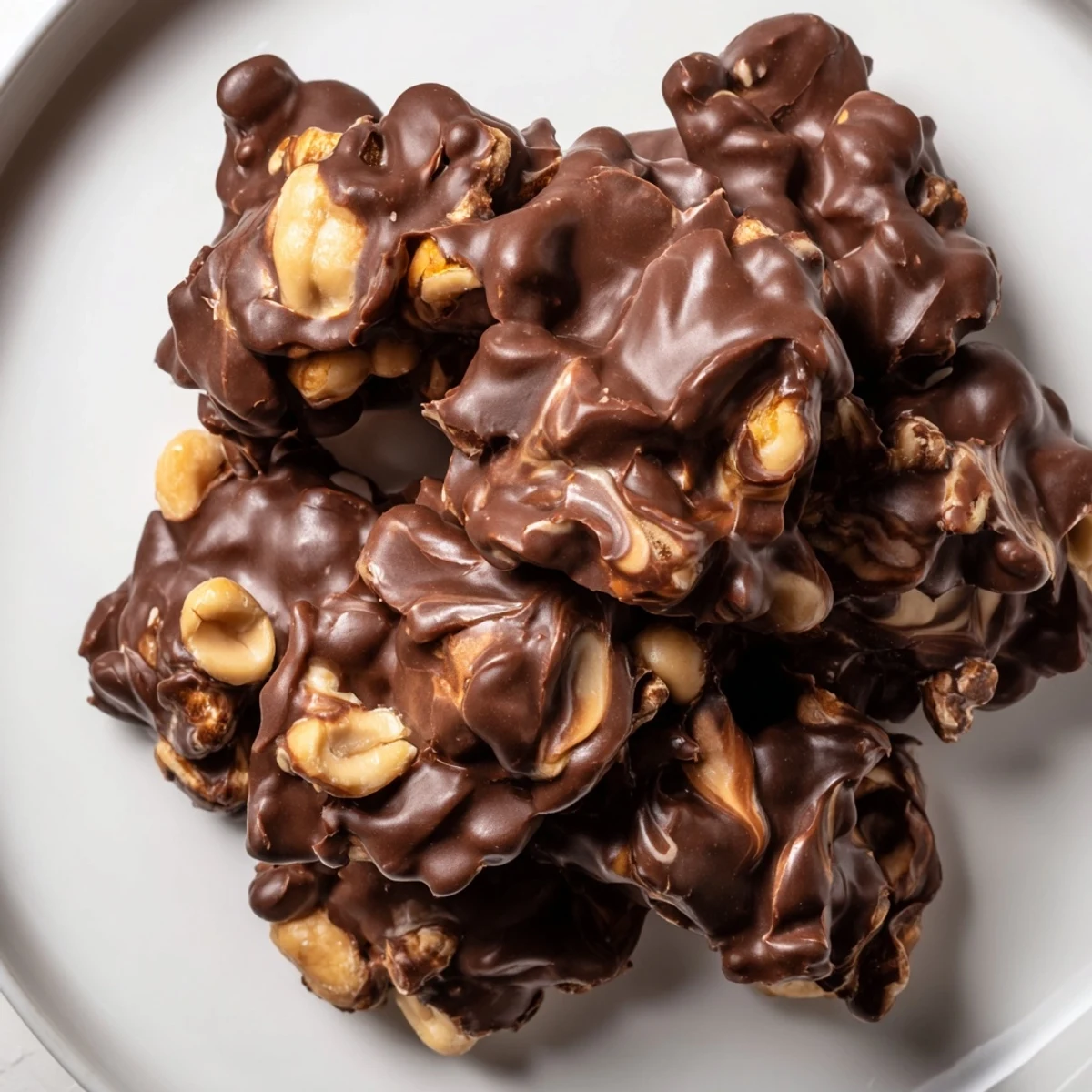 Peanut Marshmallow Clusters arranged on a white plate beside a glass of milk, perfect for an easy homemade dessert.