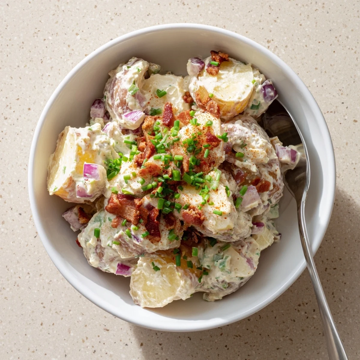 Creamy steakhouse potato salad with crispy bacon, chives, and paprika sprinkled over tender Yukon Gold potatoes.