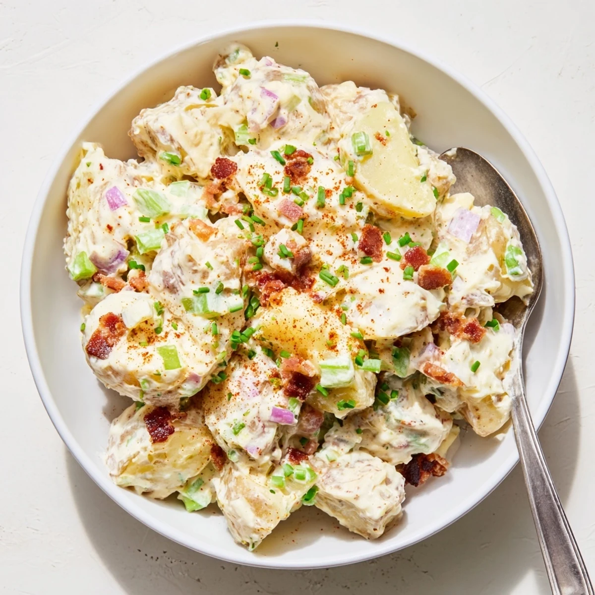 Chilled steakhouse potato salad with crumbled bacon, sour cream, and apple cider vinegar, perfect beside grilled steak.