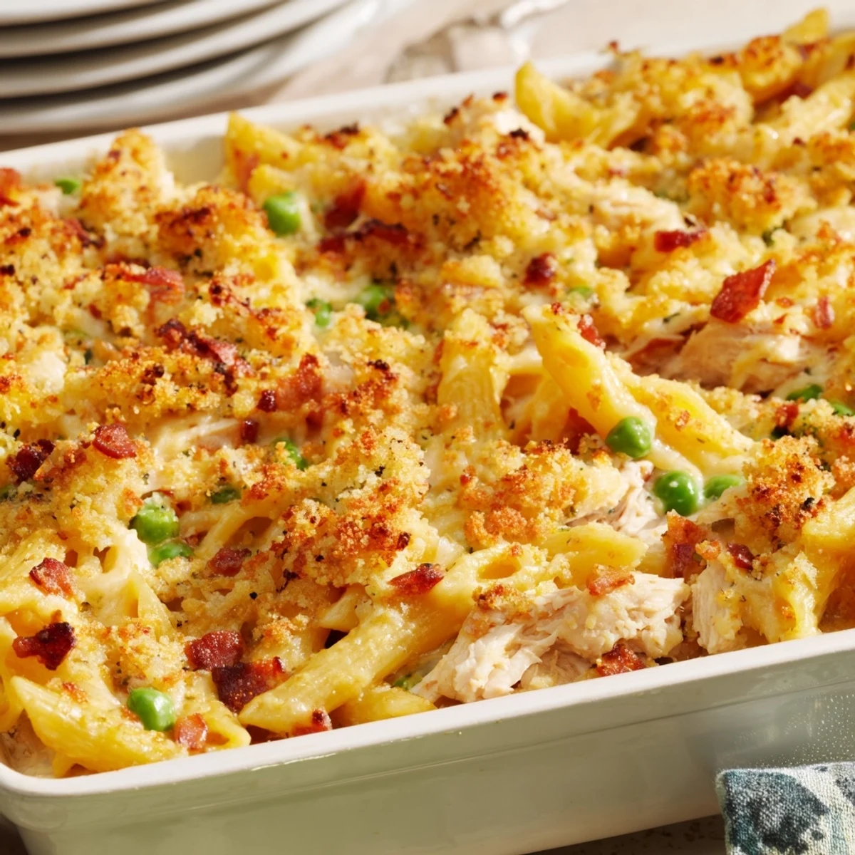 Golden, bubbly cheese crust on creamy Crazy Good Casserole, topped with crumbled bacon and fresh parsley.