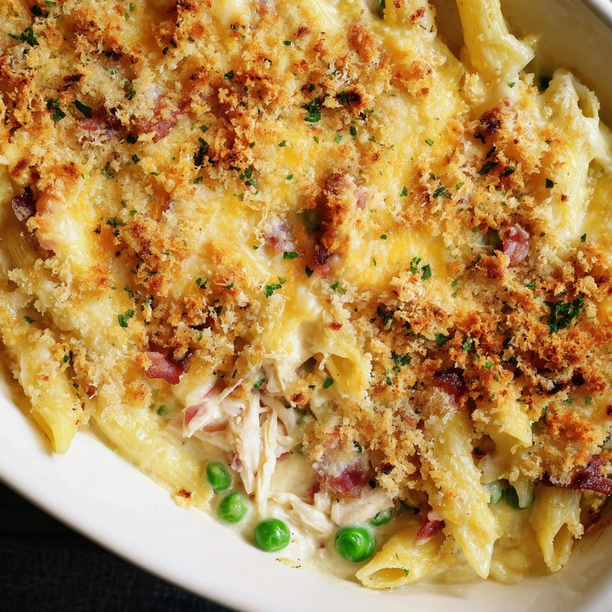 A hearty serving of Crazy Good Casserole with chicken and peas, ready to enjoy with a crisp side salad.