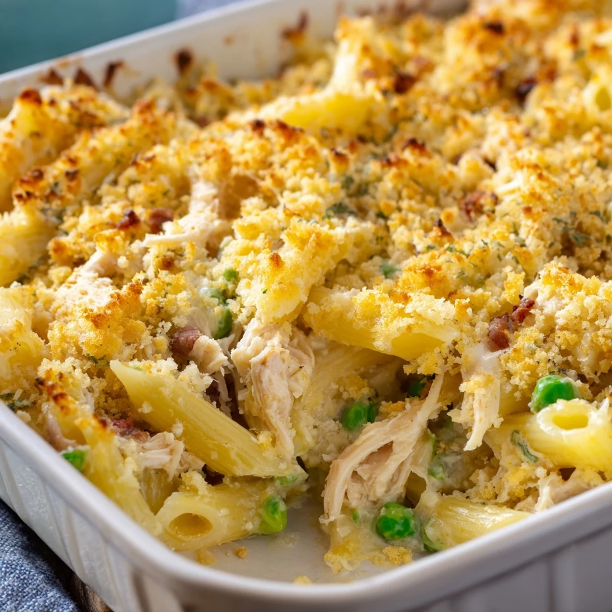 Freshly baked Crazy Good Casserole in a white dish, with melted cheddar and panko topping glistening.