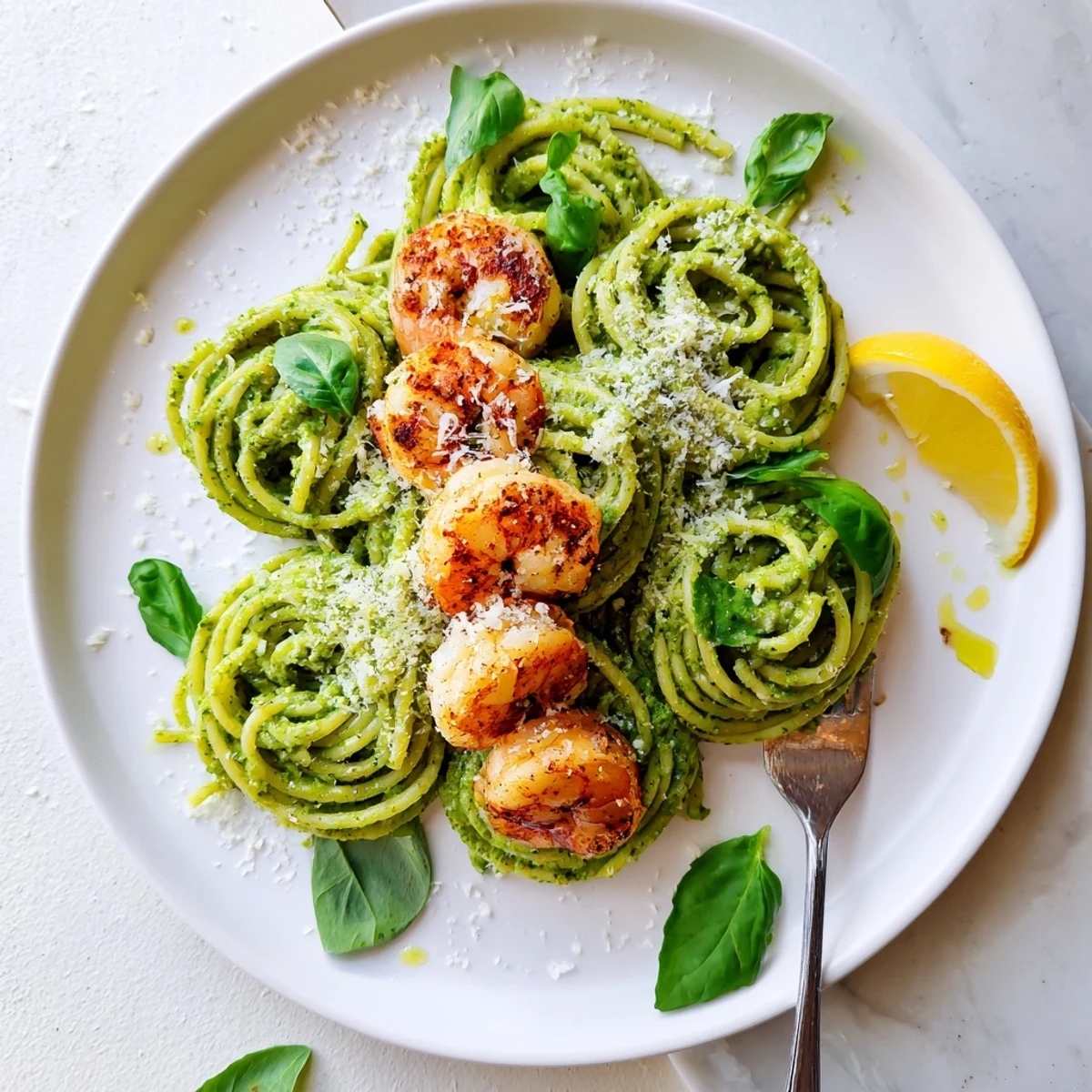 Bright green basil pesto coats al dente linguine in a Pesto Pasta and Grilled Shrimp Stack, garnished with extra basil.