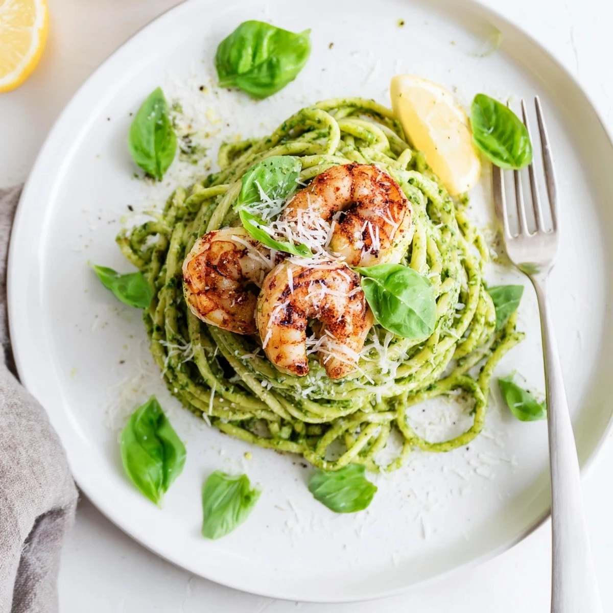 A close-up shows charred grilled shrimp stacked atop a vibrant Pesto Pasta and Grilled Shrimp Stack on a white plate.