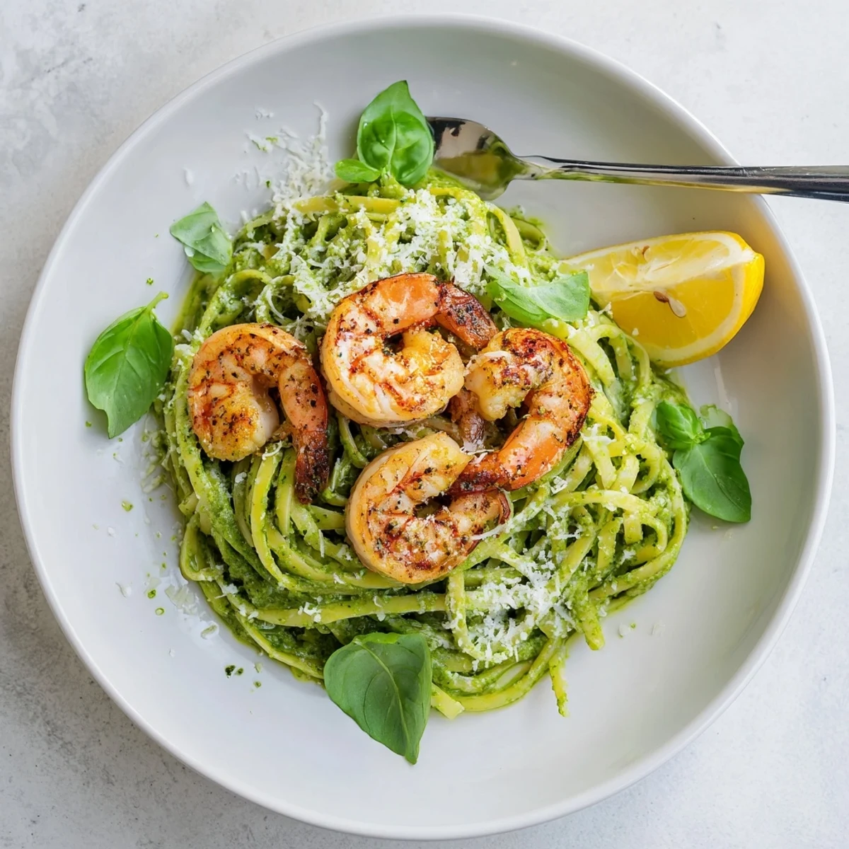 Enjoy a restaurant-style Pesto Pasta and Grilled Shrimp Stack, featuring silky pasta, grilled shrimp, and a lemon wedge on the side.