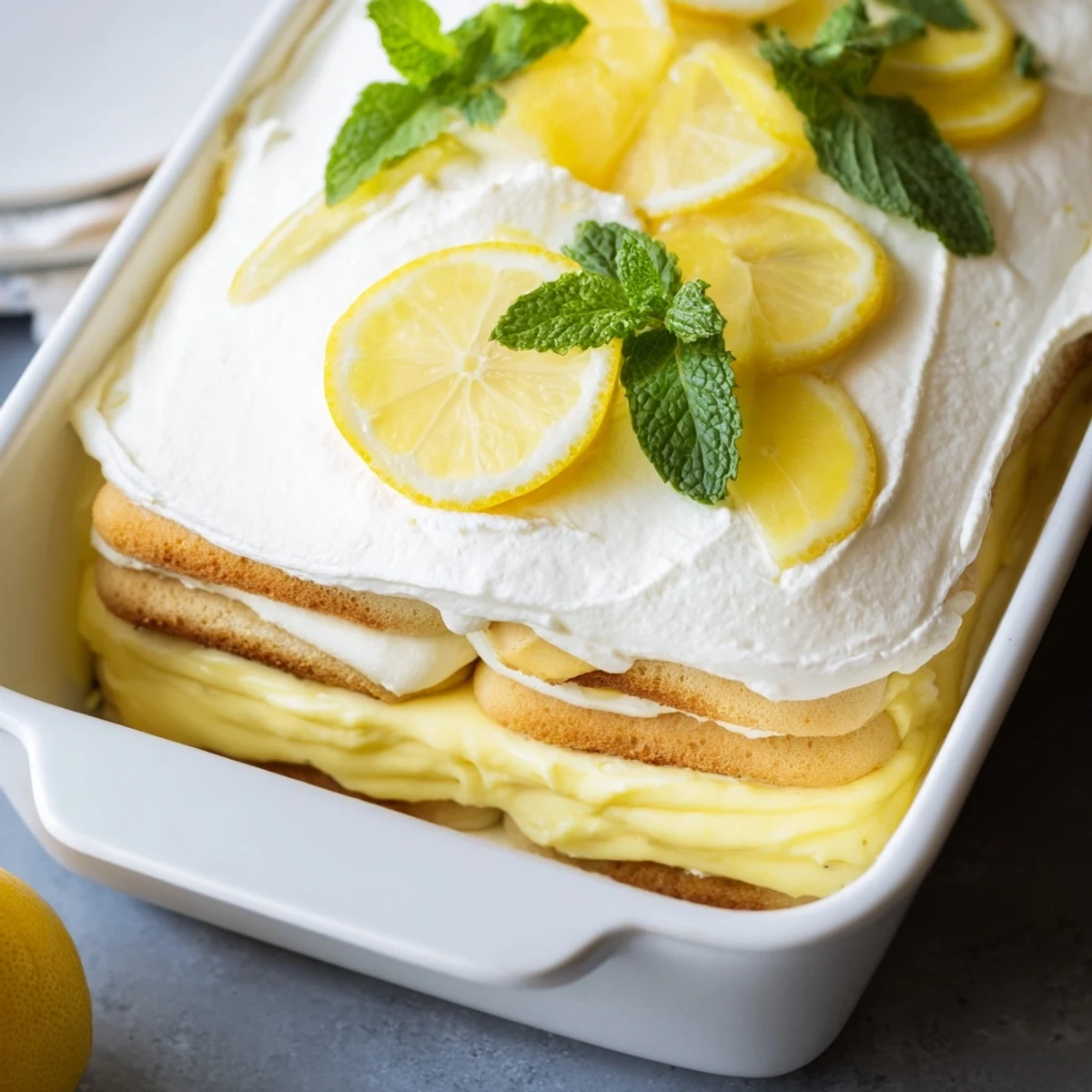 A slice of Lemon Tiramisu reveals creamy mascarpone layers and soaked ladyfingers in a white dish.