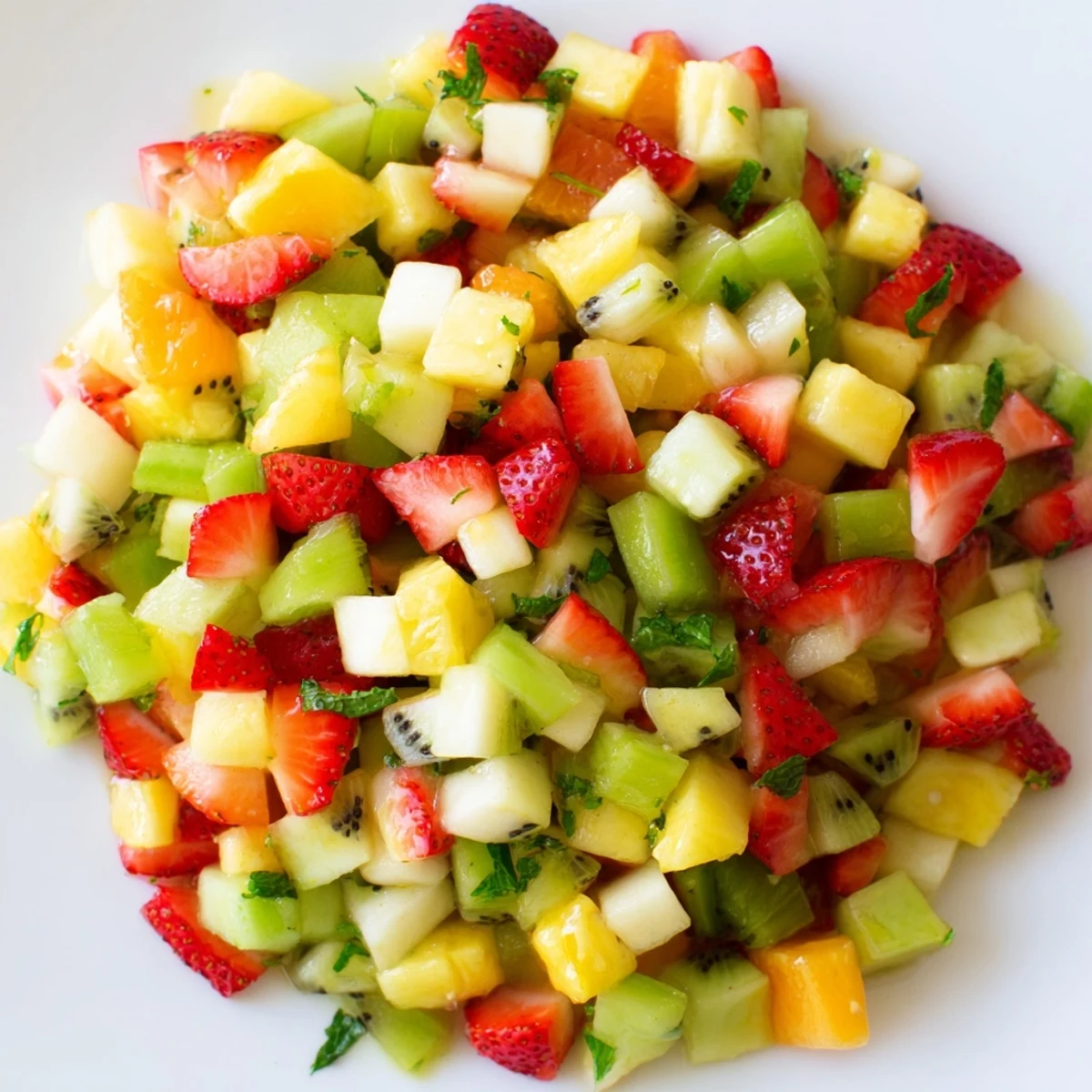 Bright orange and green fruit salsa overflowing from a white bowl, with golden-brown cinnamon sugar tortilla chips arranged for dipping beside it.