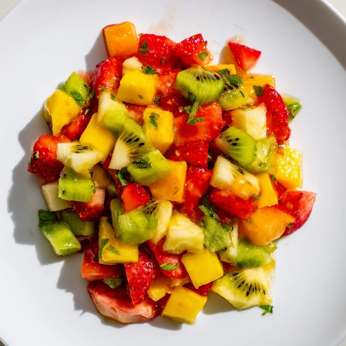 A close-up of crispy cinnamon sugar tortilla chips dipped into a colorful bowl of fresh, chopped fruit salsa.