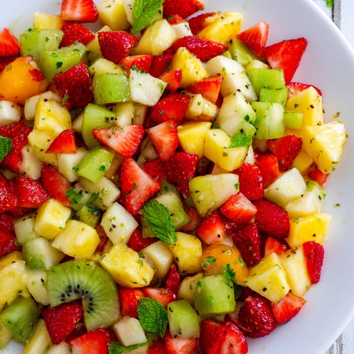 Overhead view of a vibrant fruit salsa with strawberries, kiwi, and mango, accompanied by homemade sweet cinnamon sugar tortilla chips.