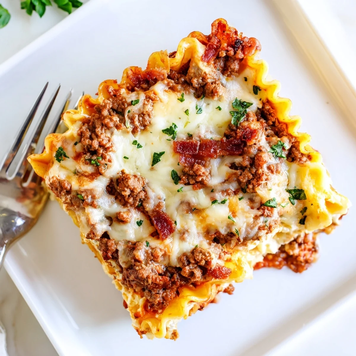 In the image, Lasagna Meets Cheeseburger Parmesan Garlic Bacon Style layers pasta, rich beef sauce, and white parmesan garlic sauce.