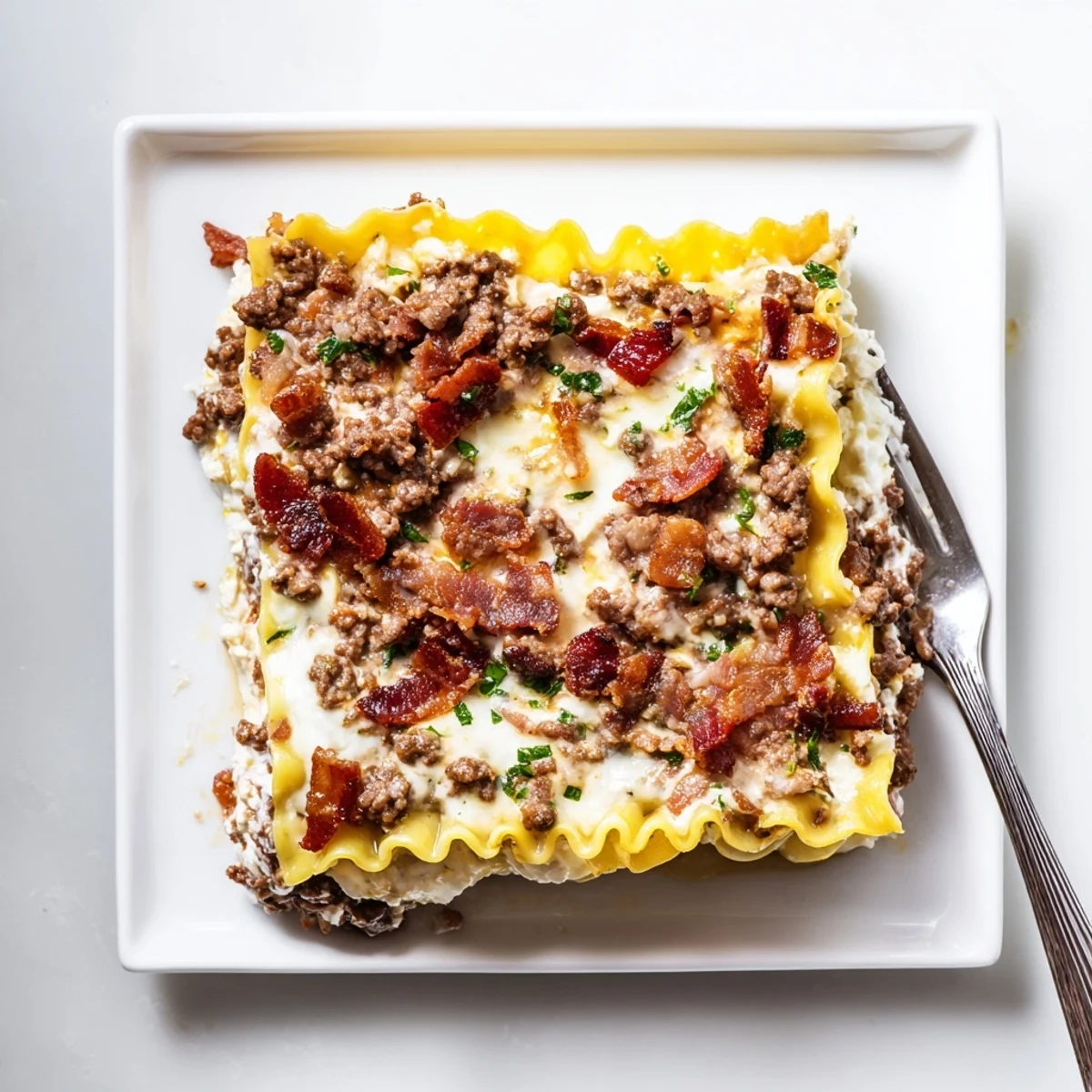 A serving of Lasagna Meets Cheeseburger Parmesan Garlic Bacon Style sits on a plate beside fresh parsley garnish.