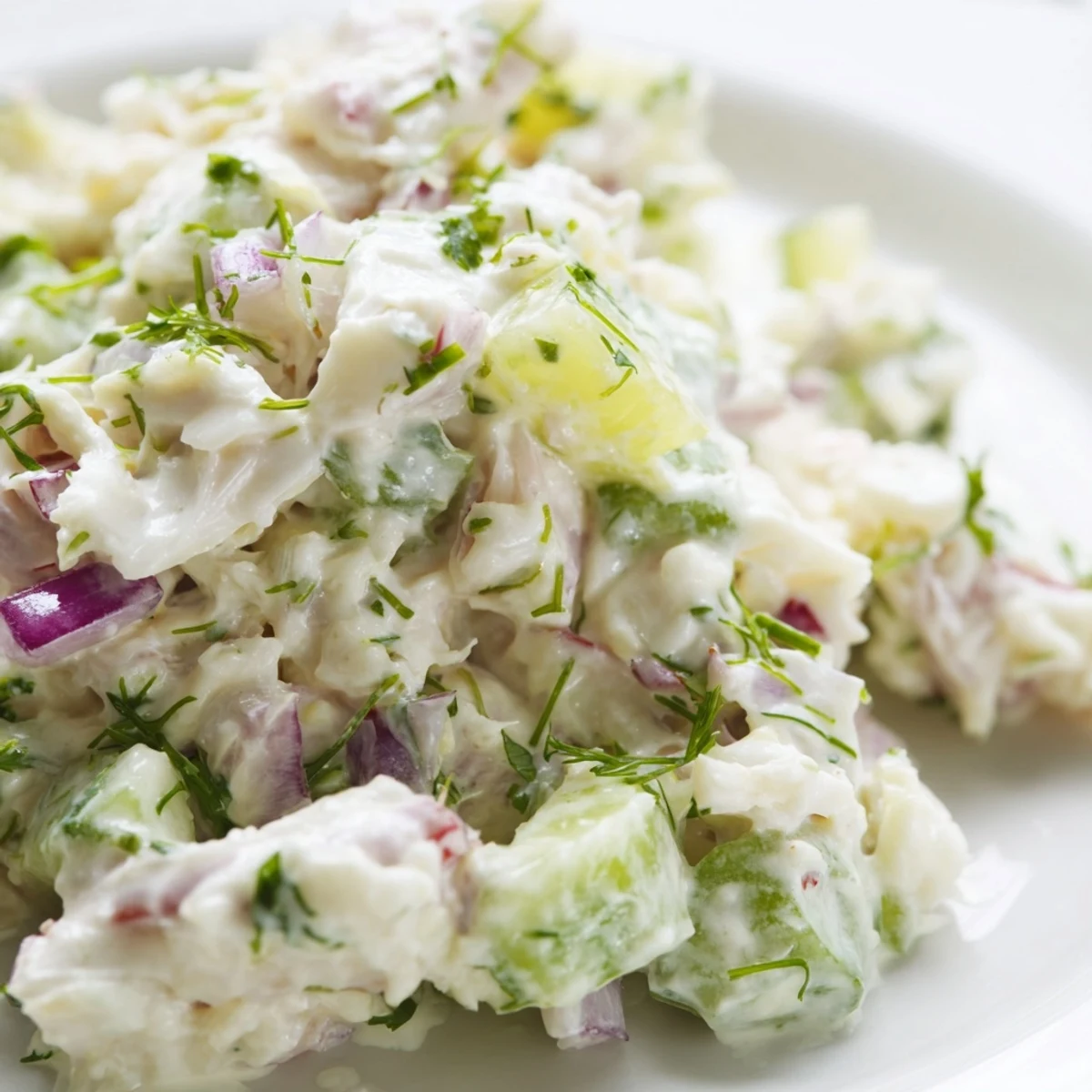Flaky lump crab meat in tangy dressing with red onion and chives.