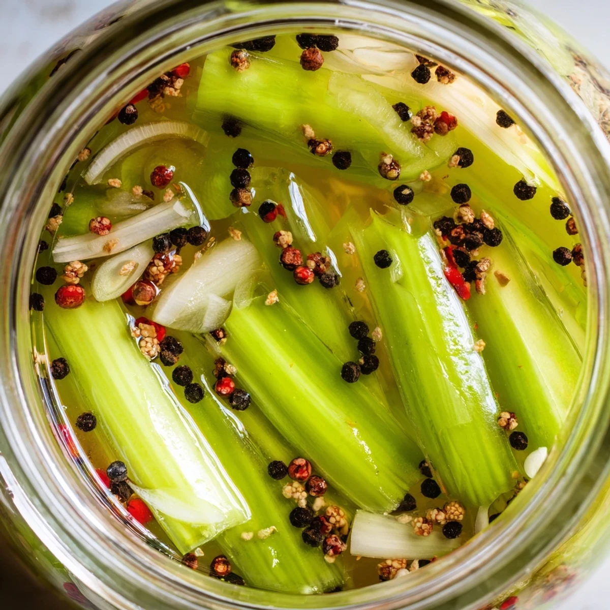 A jar of bright Quick Pickled Celery with crisp slices in tangy brine, ready for snacking or salads.