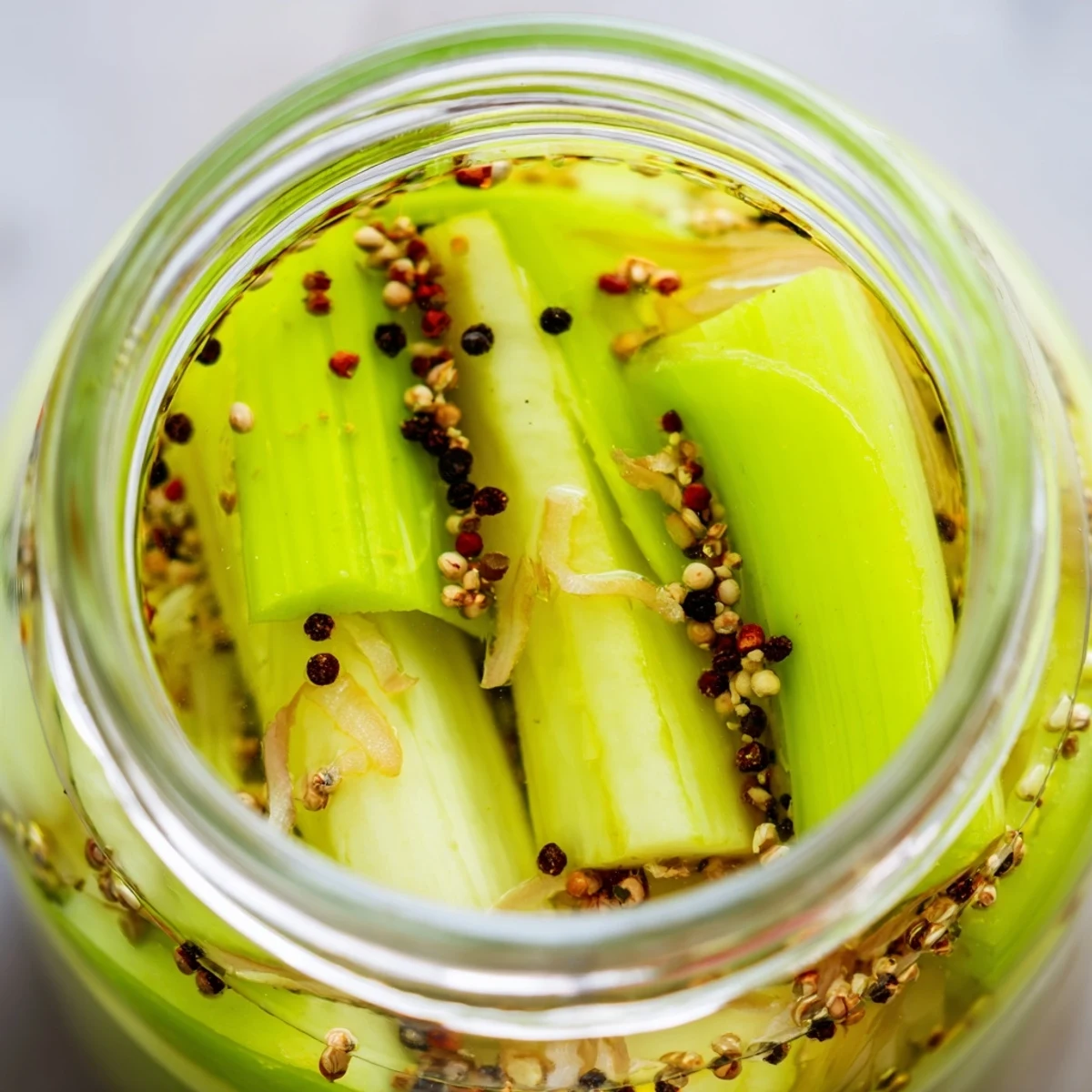 Fresh Quick Pickled Celery shines in a glass jar, with cider vinegar brine and red pepper flakes visible.