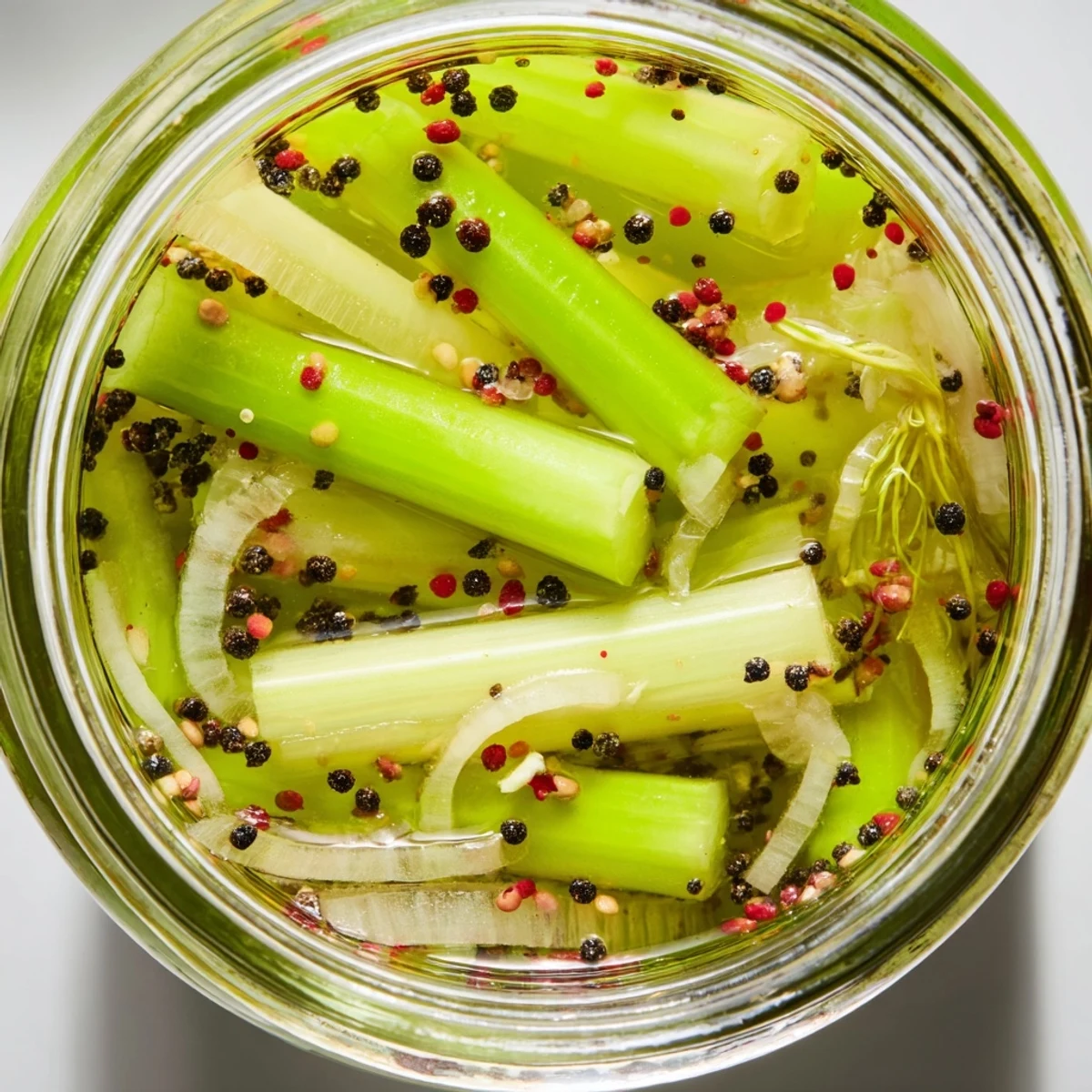 Vibrant Quick Pickled Celery beside a sandwich plate, garnished with dill and shallots for a tangy bite.