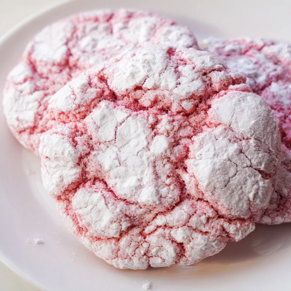 Freshly baked Easy 5 Ingredient Strawberry Crinkle Cookies on a cooling rack, dusted with powdered sugar.