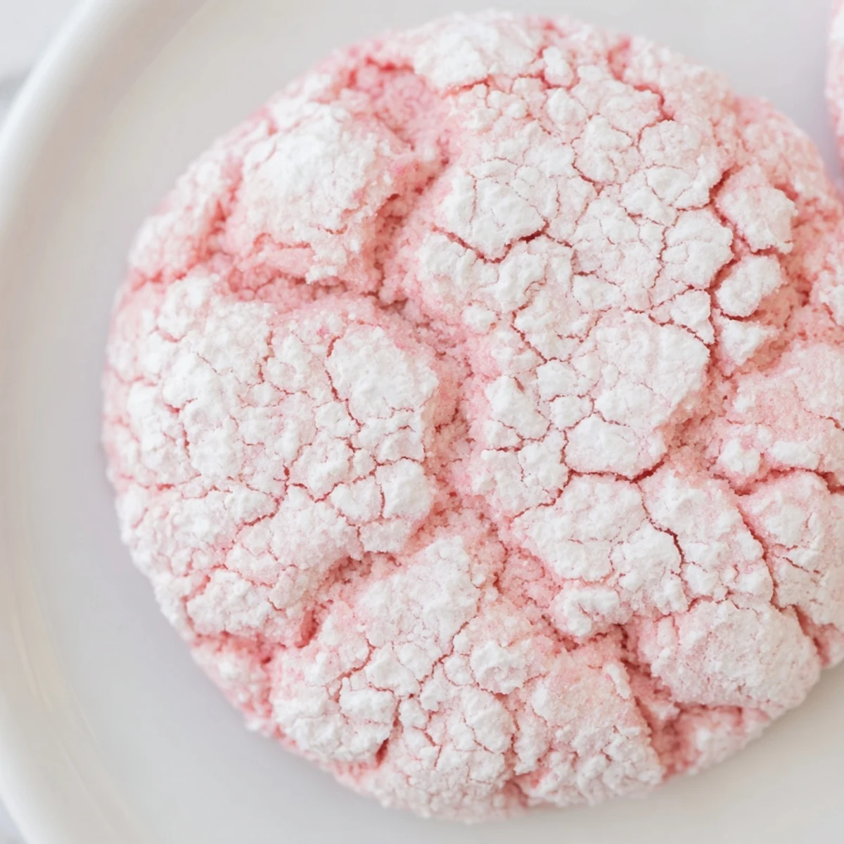 A close-up of one Easy 5 Ingredient Strawberry Crinkle Cookie with a soft, chewy texture and crackled top.
