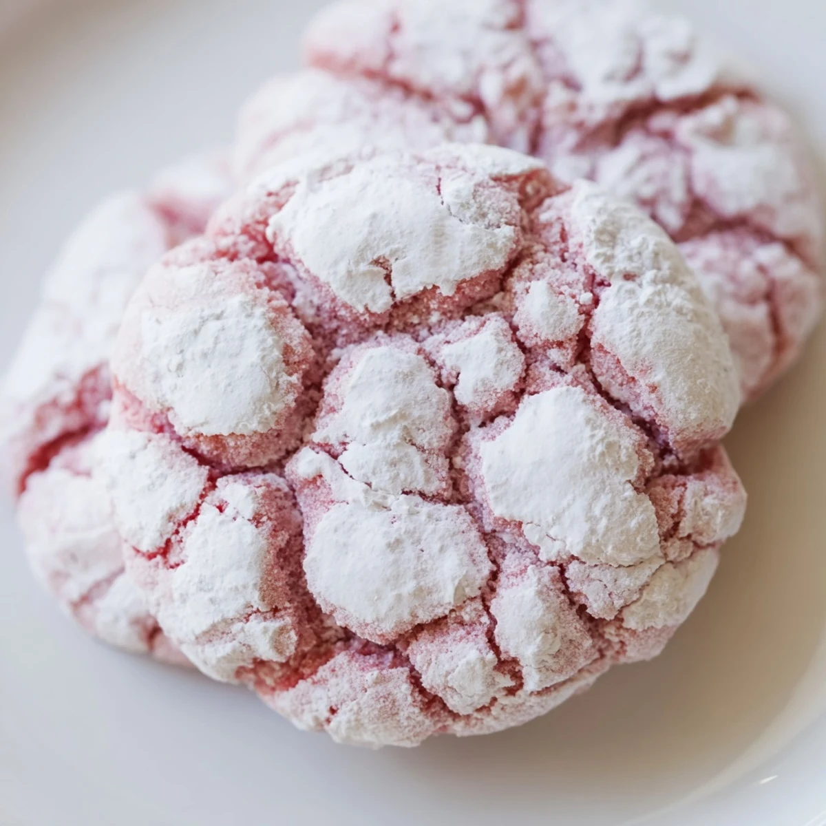 Served on a white plate, these Easy 5 Ingredient Strawberry Crinkle Cookies have a vibrant pink hue and powdered coating.
