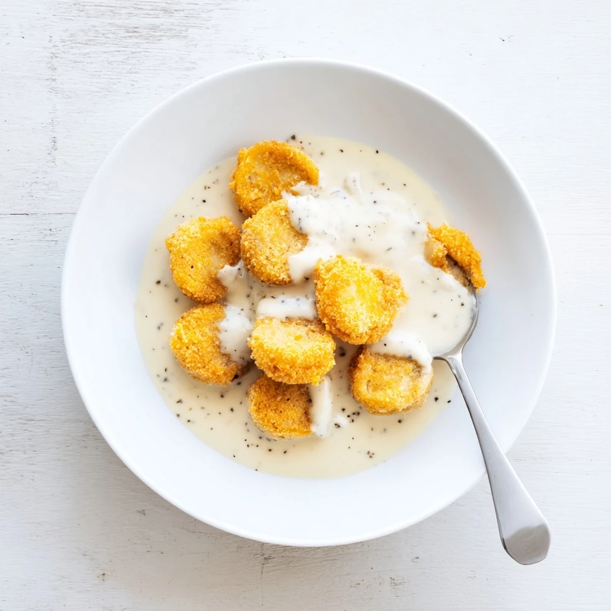 Golden-brown fried mushrooms with creamy peppery gravy, served hot in a bowl for a comforting vegetarian meal.  
