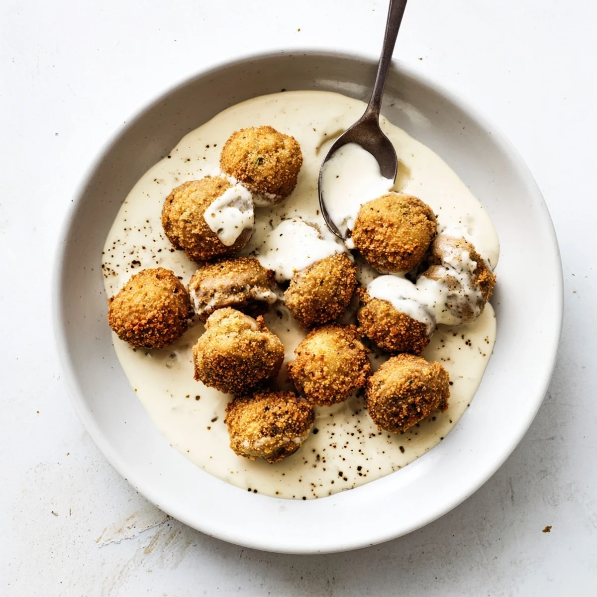 Crispy fried mushrooms topped with rich gravy on a plate, alongside mashed potatoes for a hearty American dinner.  