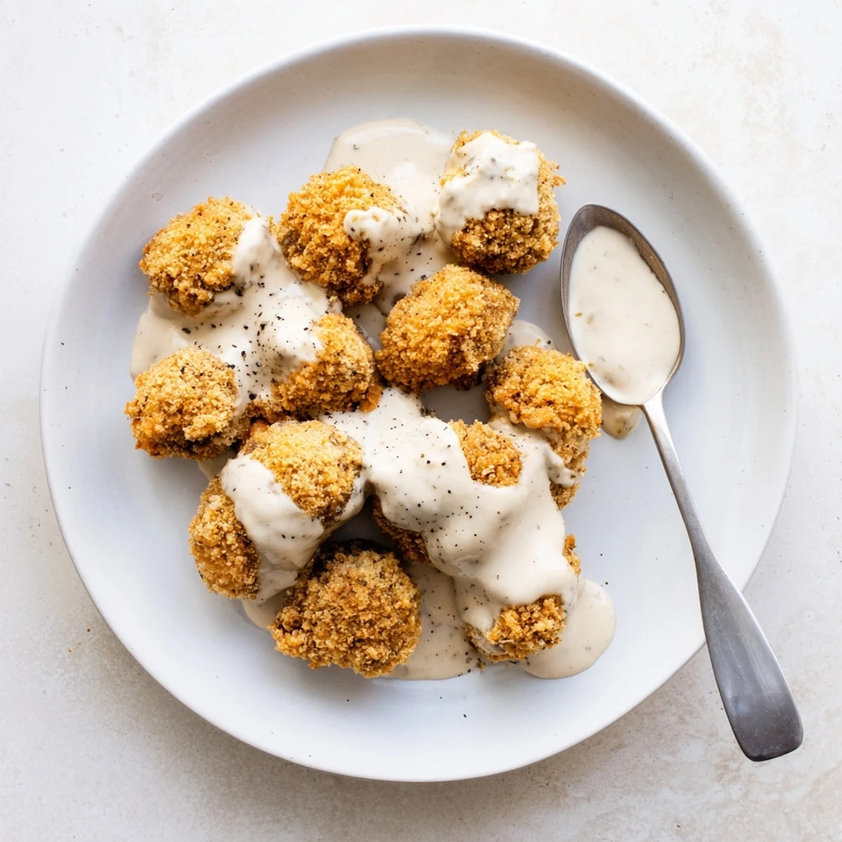 Juicy battered mushrooms swimming in creamy gravy, garnished with fresh herbs for a flavorful vegetarian comfort food dish.