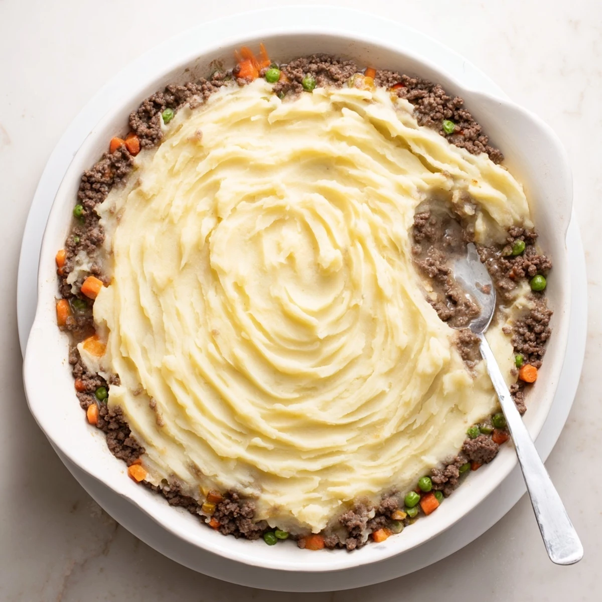 Creamy mashed potatoes top a golden-baked Easy Shepherds Pie with savory beef filling and green peas.