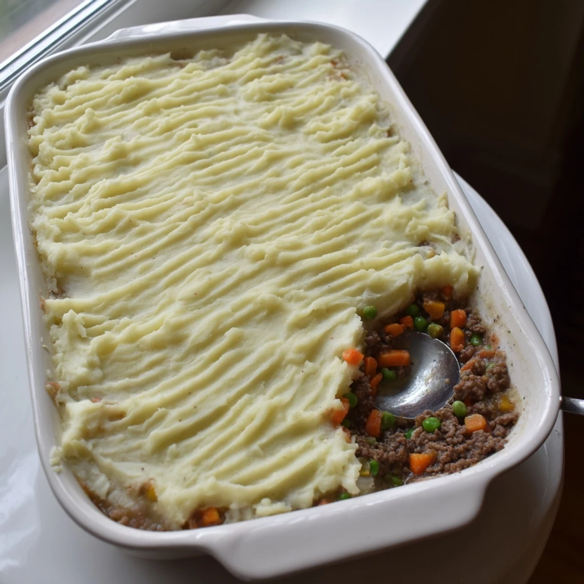 A close-up of Easy Shepherds Pie bubbling from the oven, featuring a rustic beef and vegetable layer.