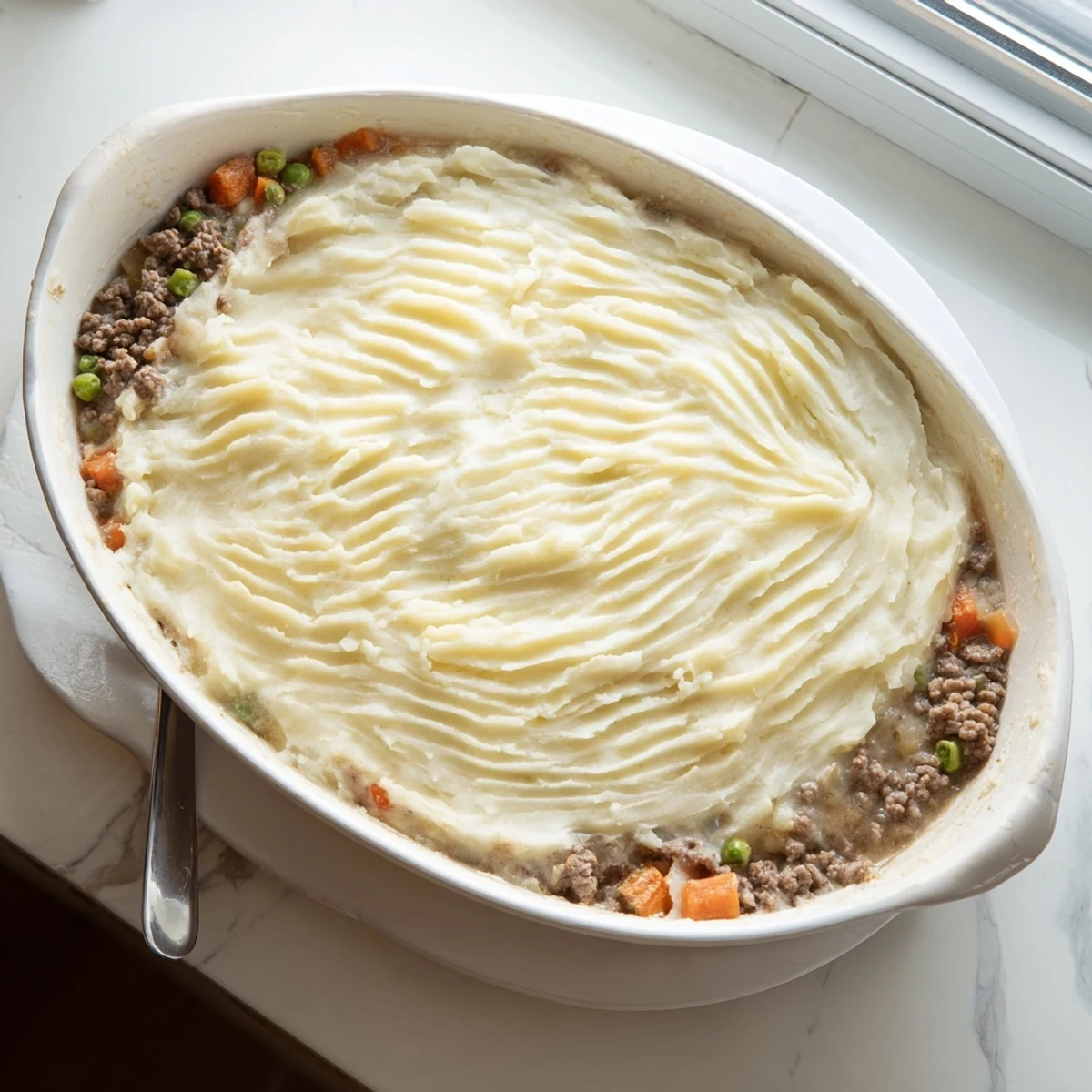 Serving suggestion for Easy Shepherds Pie with a hearty scoop revealing tender ground beef and carrots inside.