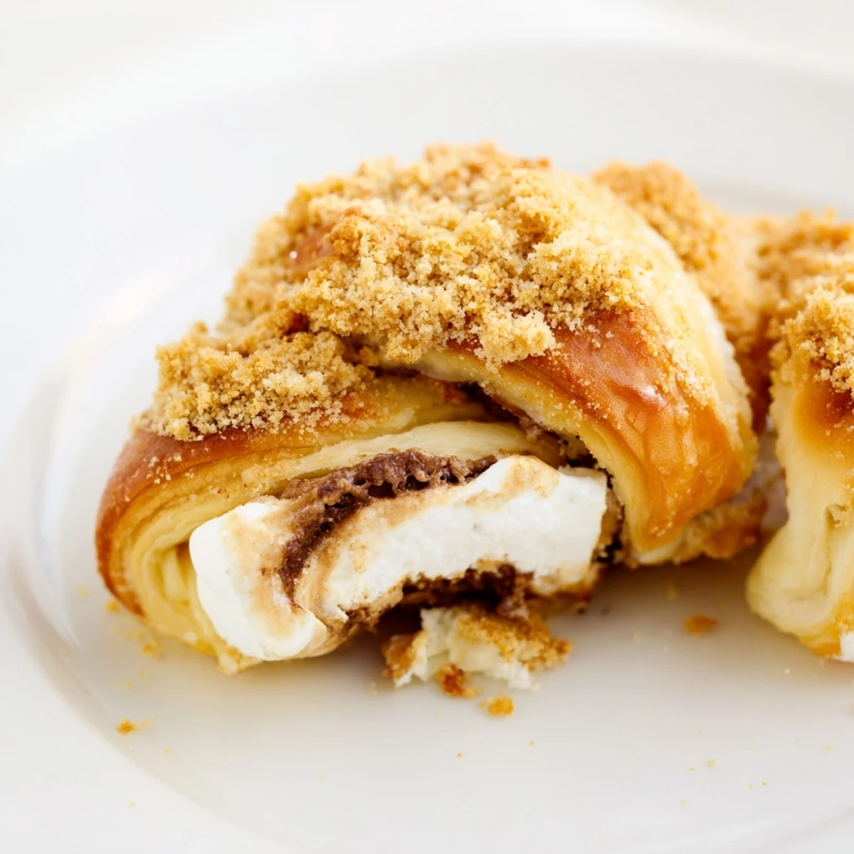 Golden-brown Smores Crescent Rolls on a baking sheet, with melted chocolate and gooey marshmallow peeking out from flaky dough.