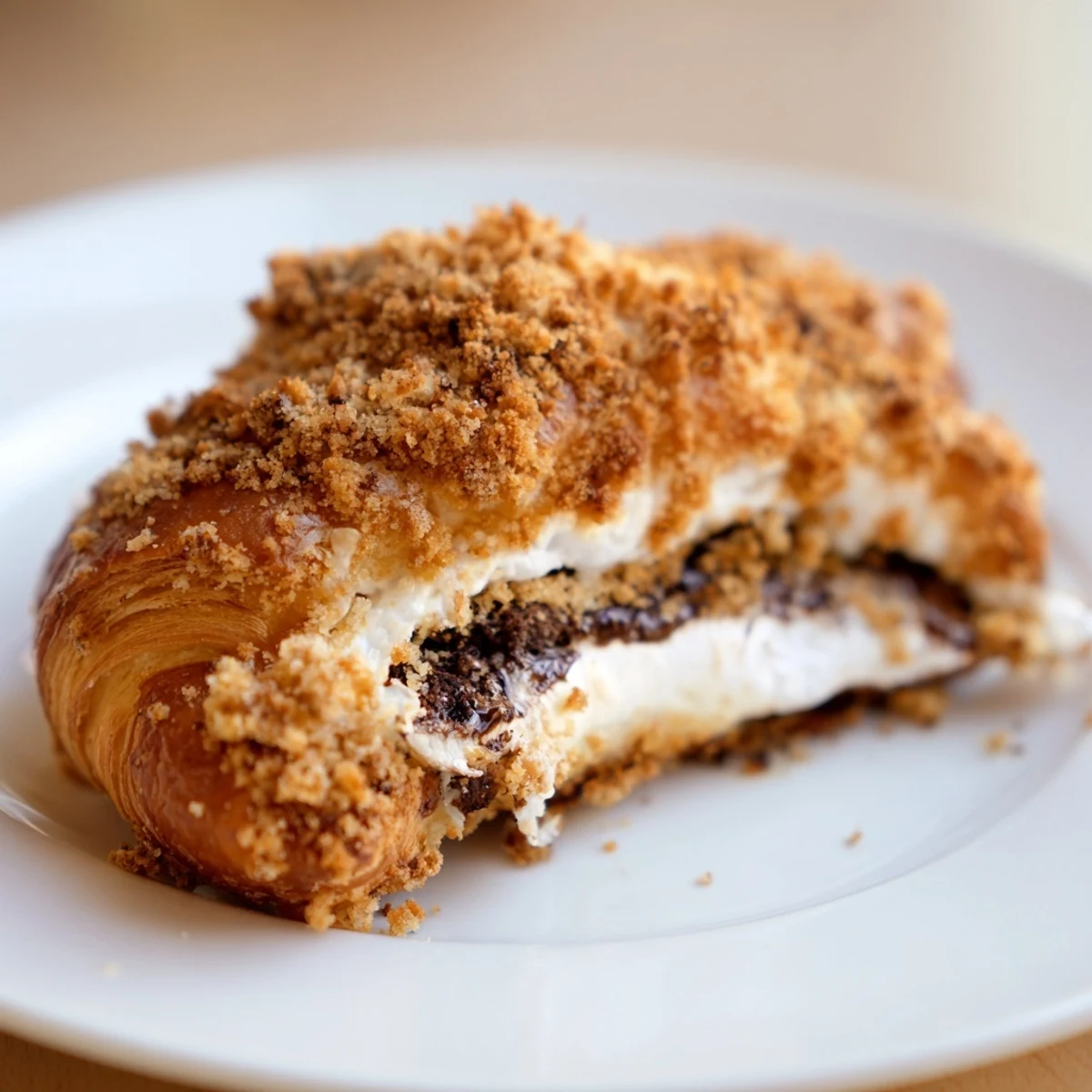 A close-up of Smores Crescent Rolls topped with crushed graham crackers, fresh from the oven and ready to serve.