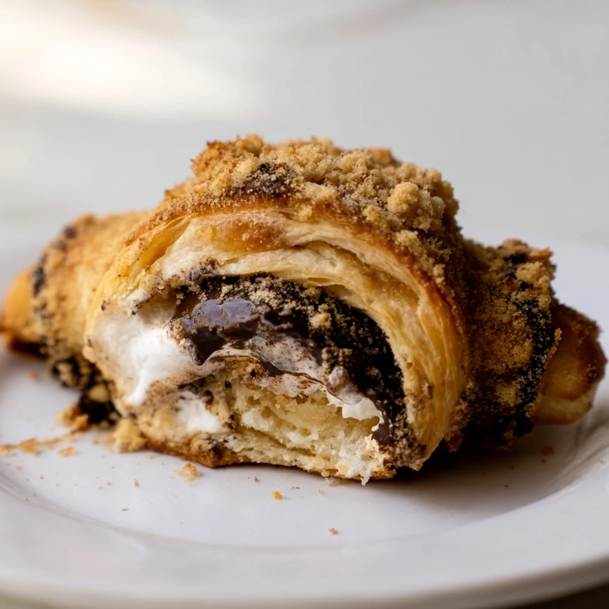 Delicious Smores Crescent Rolls arranged on a white plate, showcasing their flaky crust and sweet filling for dessert.