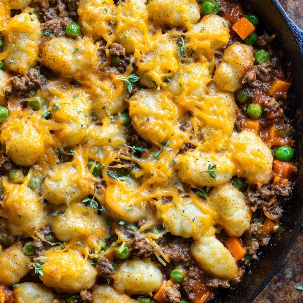 This hearty Quick Gnocchi Shepherds Pie features buttery gnocchi over a thyme-scented beef filling topped with bubbling cheese.