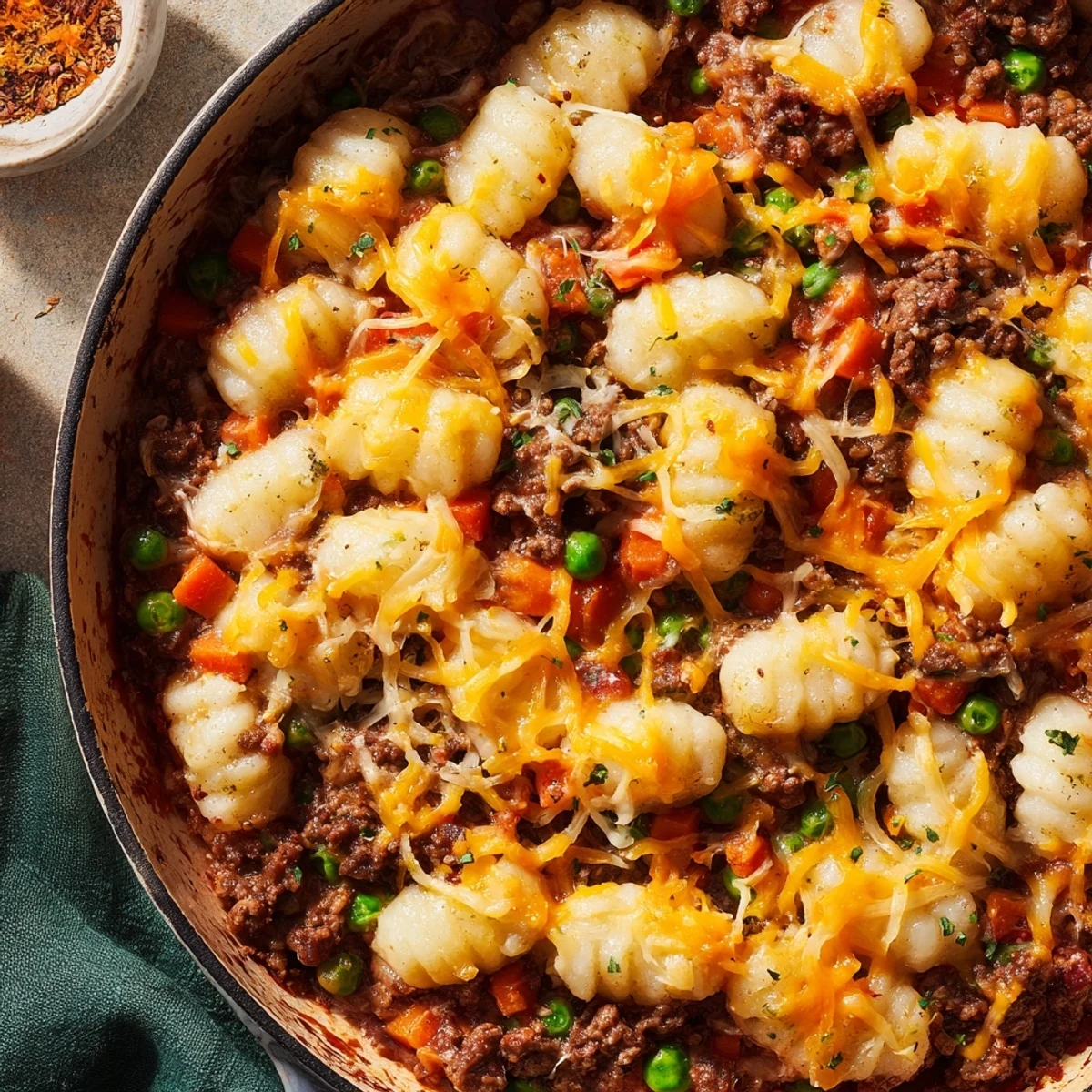 A rustic slice of Quick Gnocchi Shepherds Pie reveals tender gnocchi, peas, carrots, and melted cheddar on a plate.