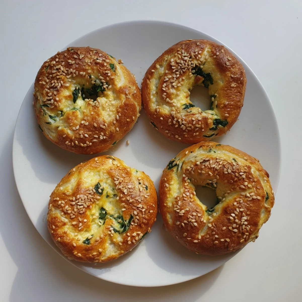 A close-up view highlights the rustic crust and tender interior of a homemade Spinach Cottage Cheese Flagel, perfect for a savory vegetarian breakfast.