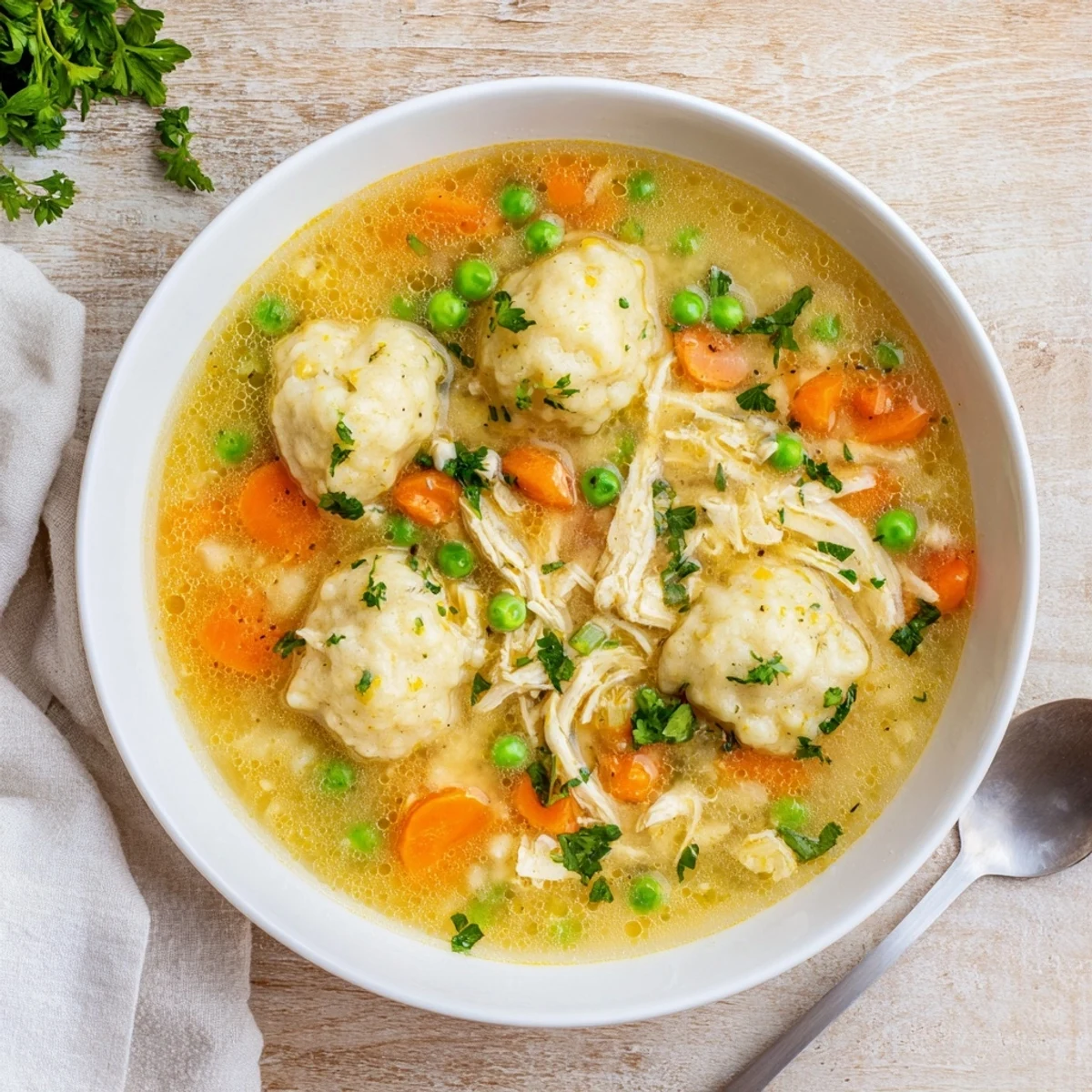 Creamy One Pot Chicken Dumpling Soup with tender chicken, fluffy dumplings, and bright peas in a savory broth.