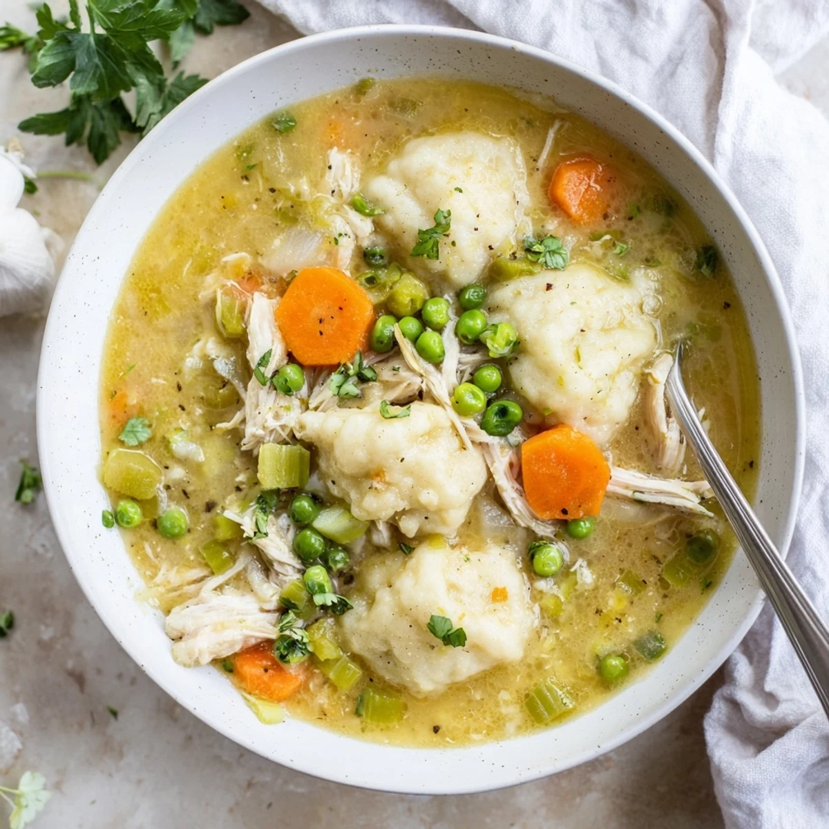 This One Pot Chicken Dumpling Soup features steamed dumplings and shredded chicken over carrots in a comforting bowl.