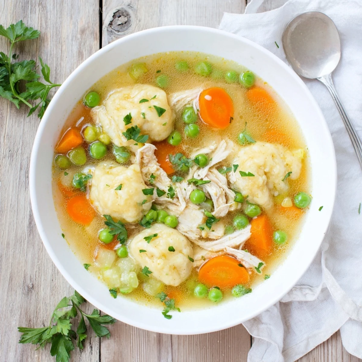 A single pot of One Pot Chicken Dumpling Soup with fluffy herb dumplings, chicken, and vegetables steaming hot.