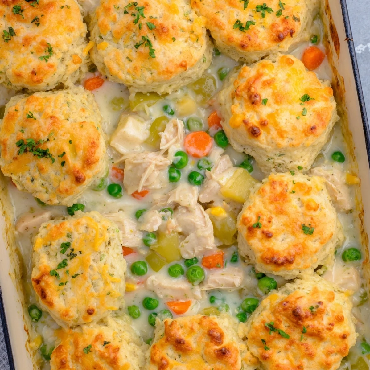 Serving a spoonful of Red Lobster Biscuit Chicken Pot Pie filled with creamy chicken and vegetables.