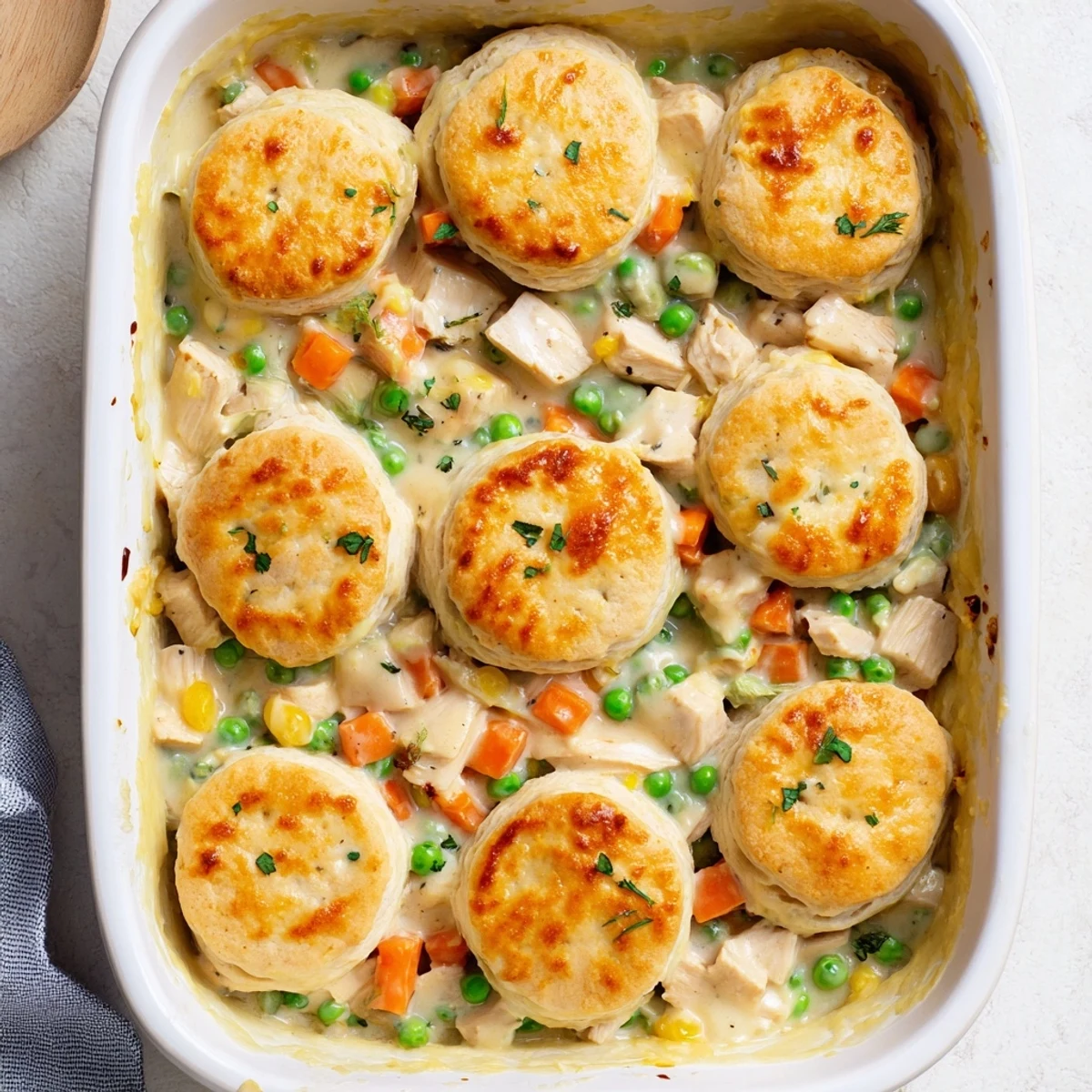 A slice of Red Lobster Biscuit Chicken Pot Pie revealing tender chicken and carrots under biscuits.